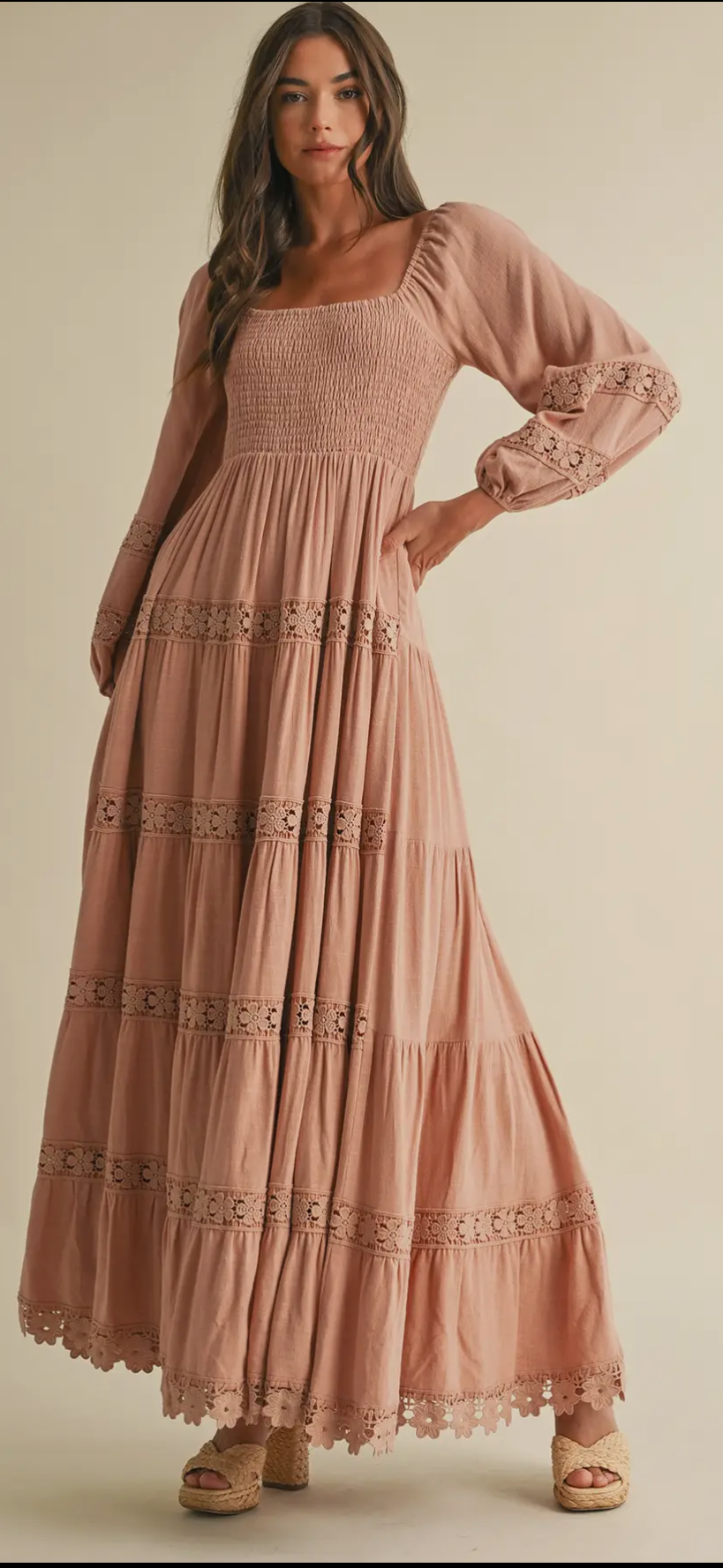 smocked Long Sleeve Dress