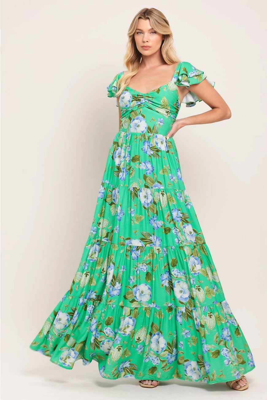 Green and blue floral maxi dress