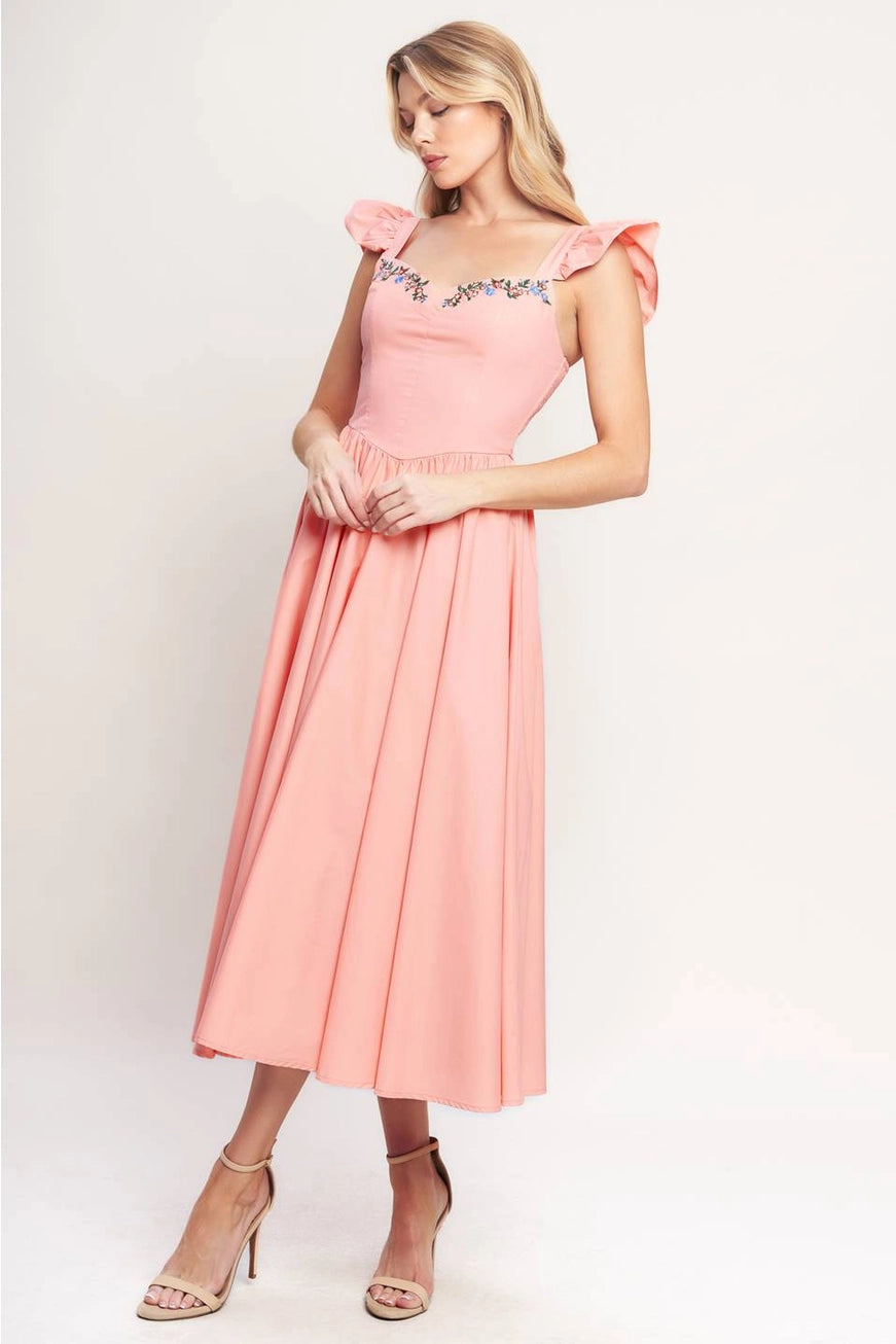 Pink embroidered Midi flutter sleeve dress