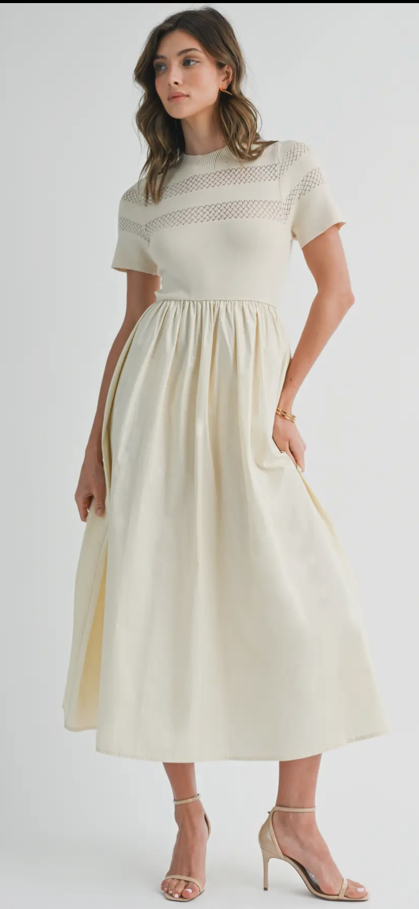 Knit and Woven Contrast Midi cream dress