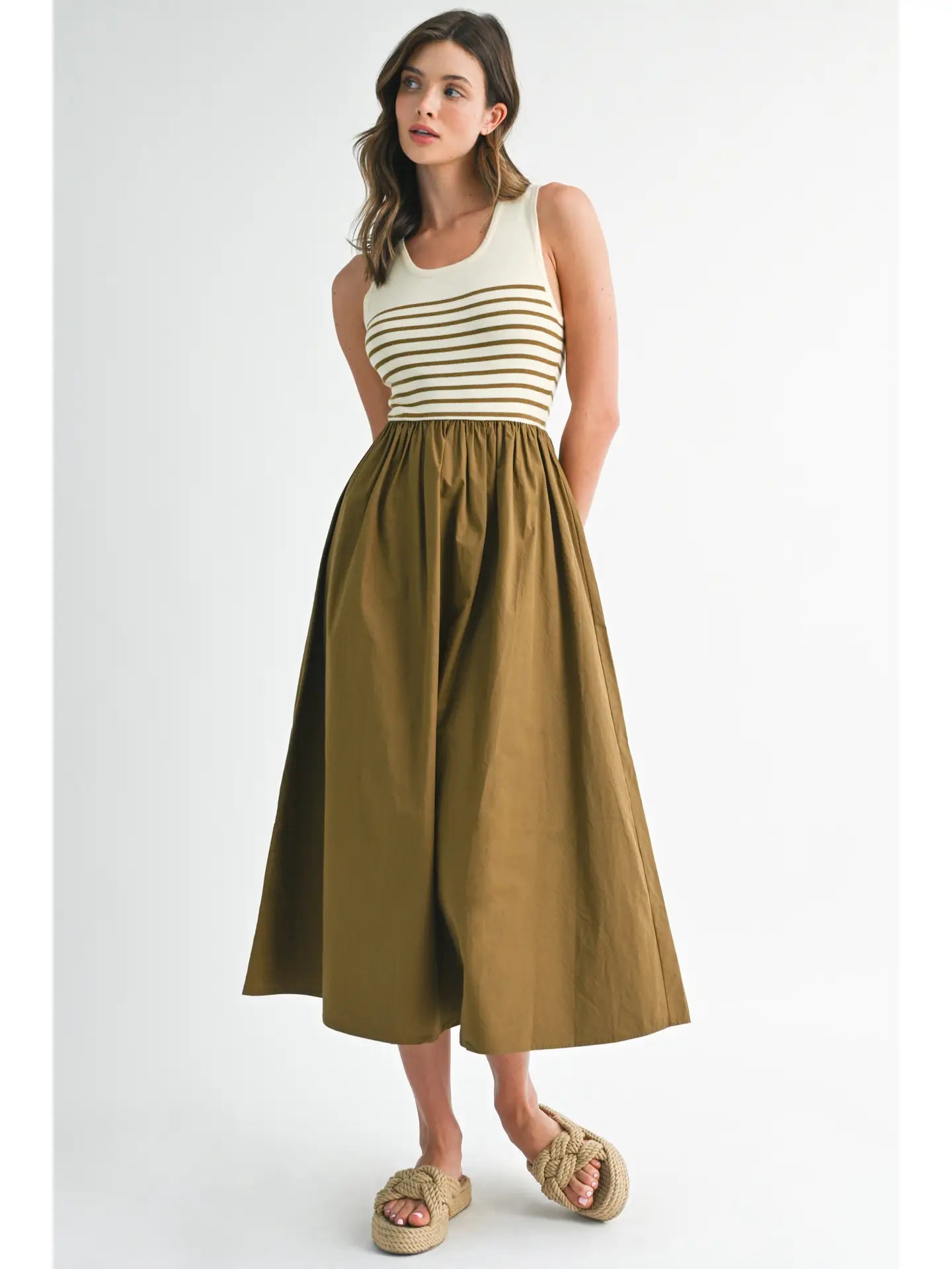 Olive Striped Ribbed Bodice Maxi Sundress