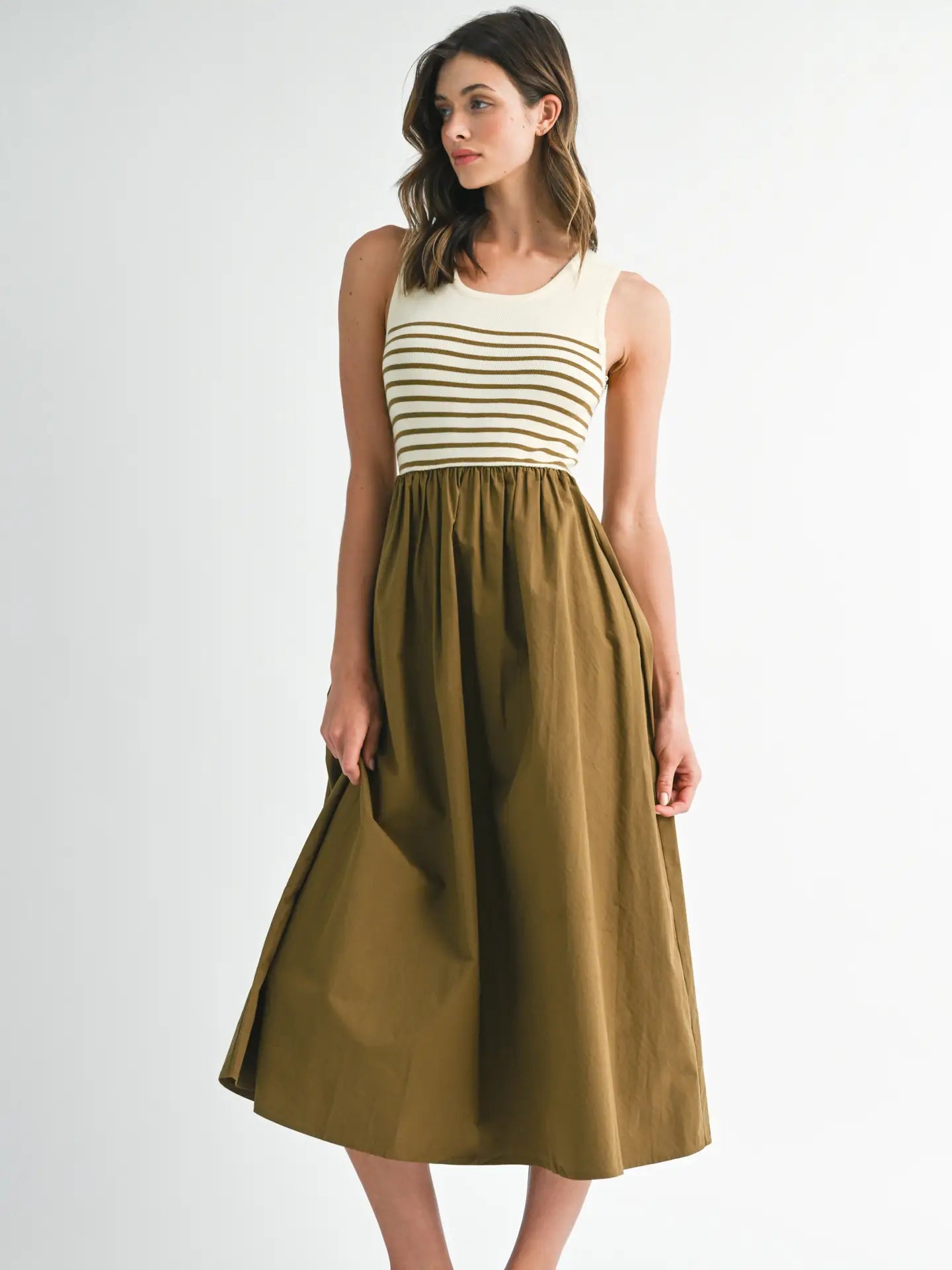 Olive Striped Ribbed Bodice Maxi Sundress