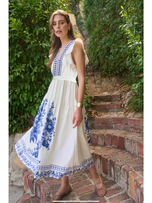 Blue and white flutter sleeve midi dress