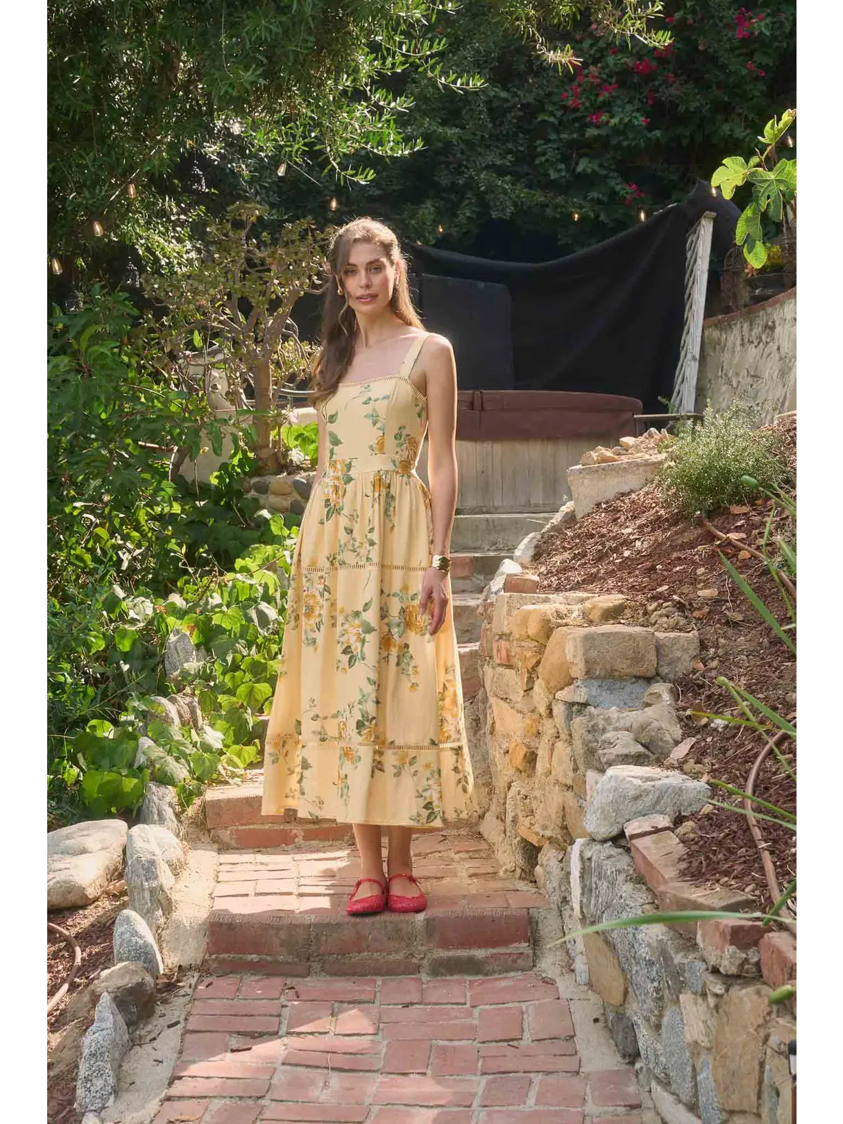 Yellow and Floral print sleeveless square neck Midi